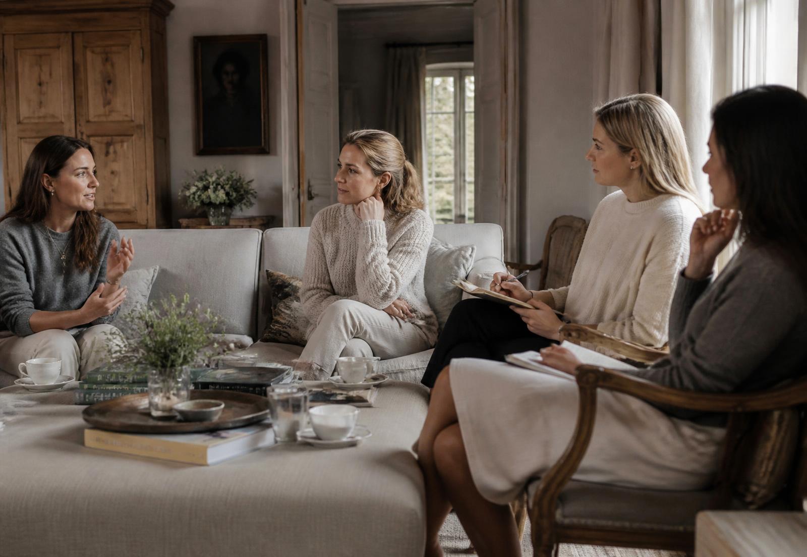 Quatre femmes entrepreneures en conversation dans le salon d'une maison de caractère