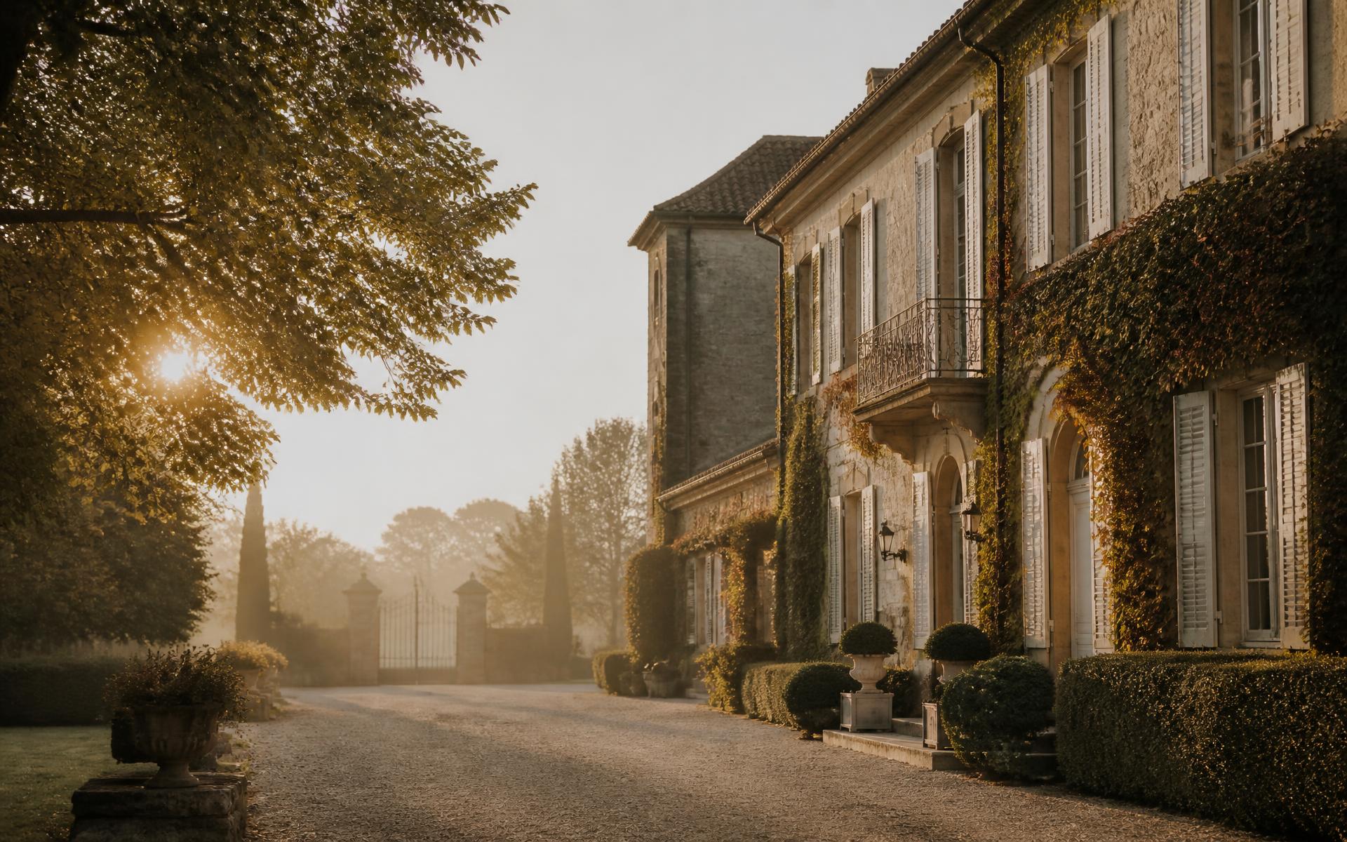 Demeure de caractère au bout d'une allée d'arbres, à la lumière du matin