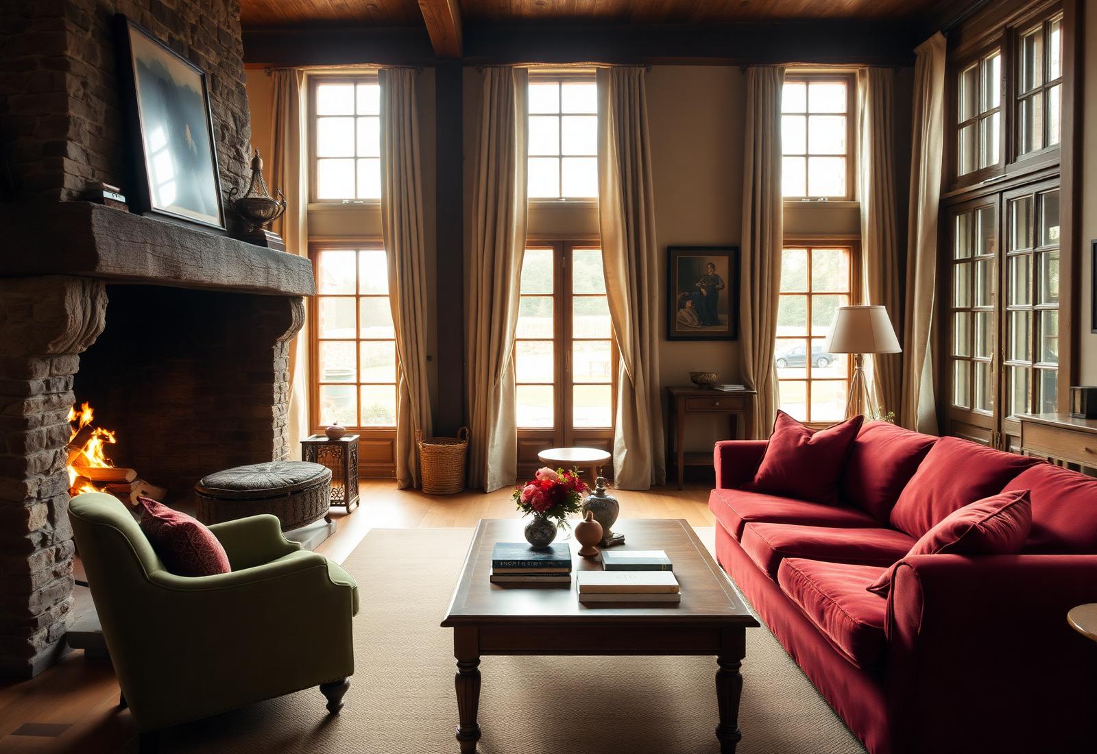 Salon chaleureux d'une maison de campagne contemporaine