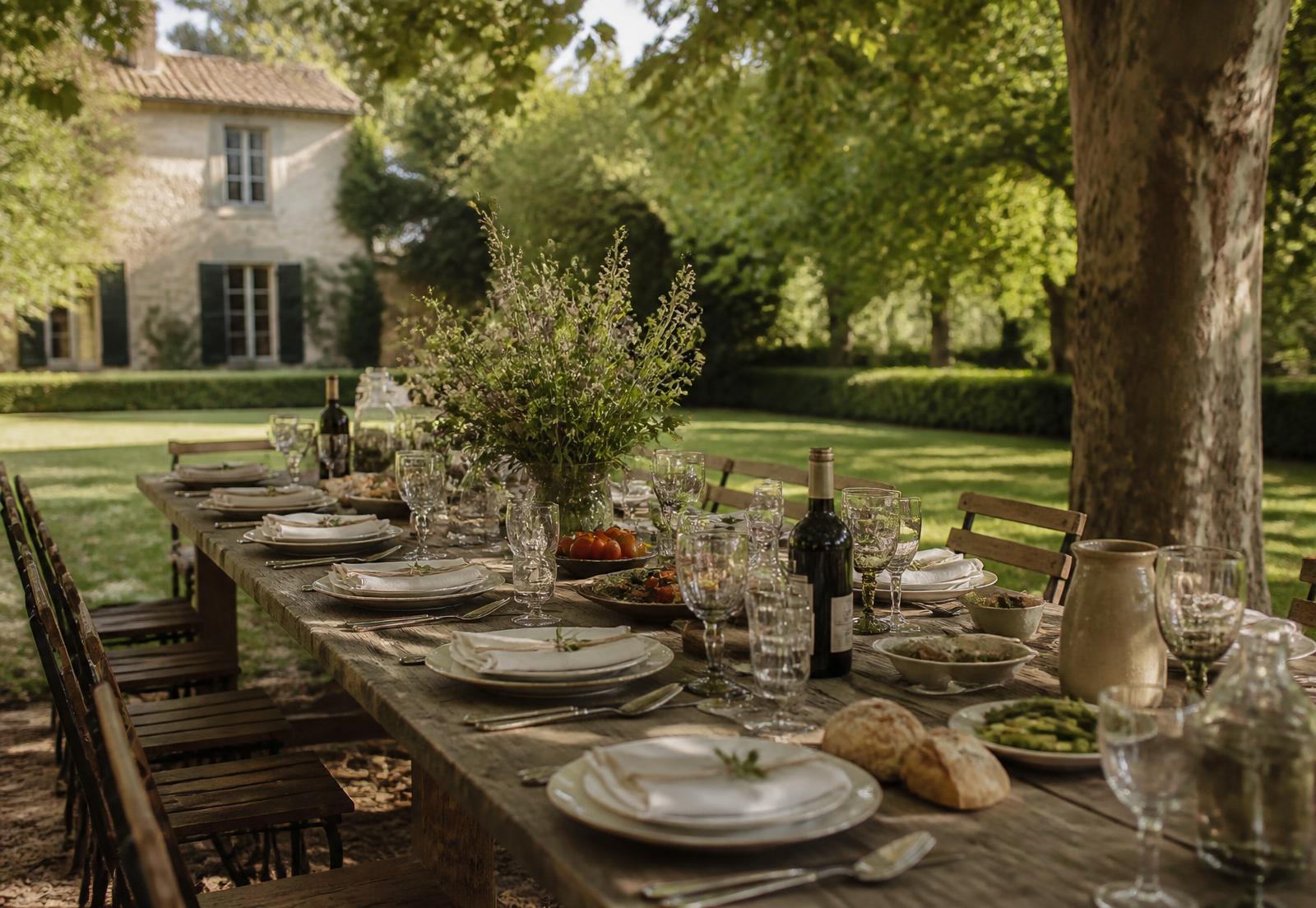 Longue table dressée sous les arbres dans le parc d'un domaine